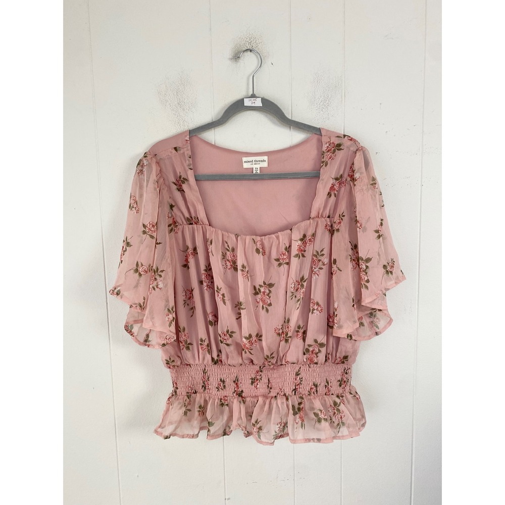 Mixed Threads Pink Floral Smocked Peplum Blouse Square Neck Flutter Sleeve 3X